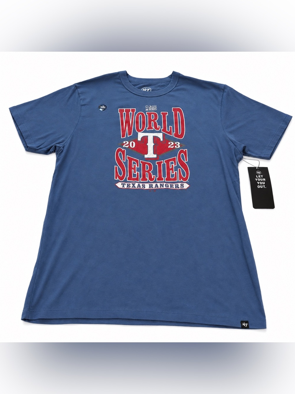 ‘47 Brand NWT Blue Texas Rangers 2023 World Series Graphic Tee with Red Print